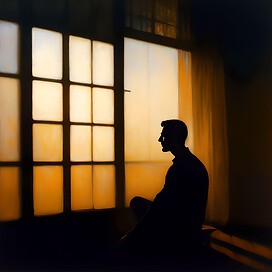 silhouette of a person sitting by a window, with the fading light casting long shadows across the room