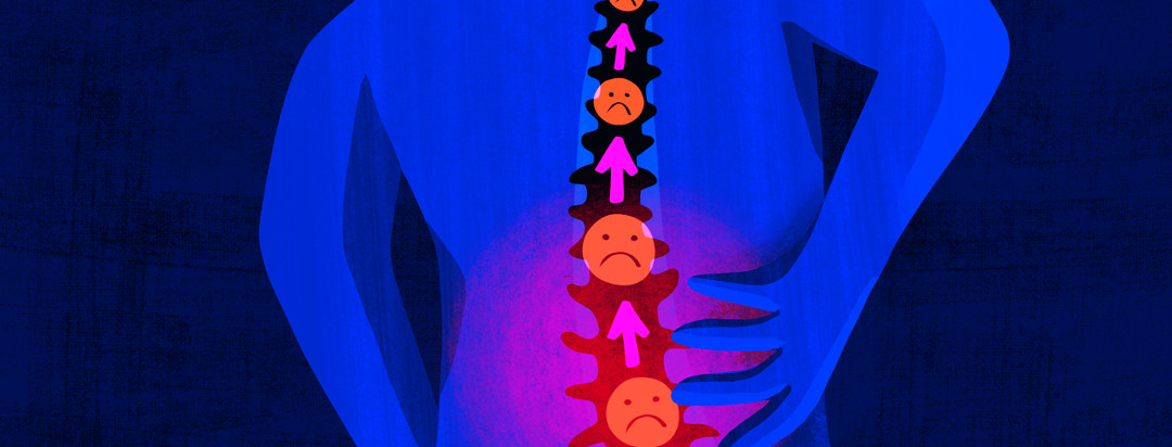 A person clutching at their back, the spine flared with pain and multiple sad face emojis leading up the spine to the brain.