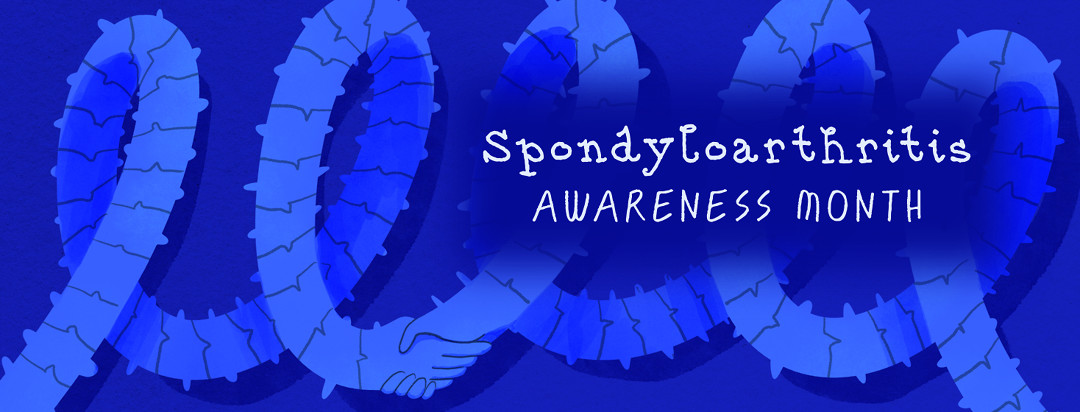 Spines with hands at the bottom, holding hands in a looping fashion for spondyloarthritis awareness month