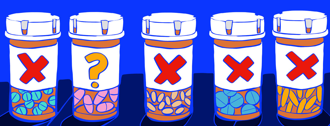 A lineup of prescription pill bottles for axial spondyloarthritis all showing X's on the front, while one has a large question mark.