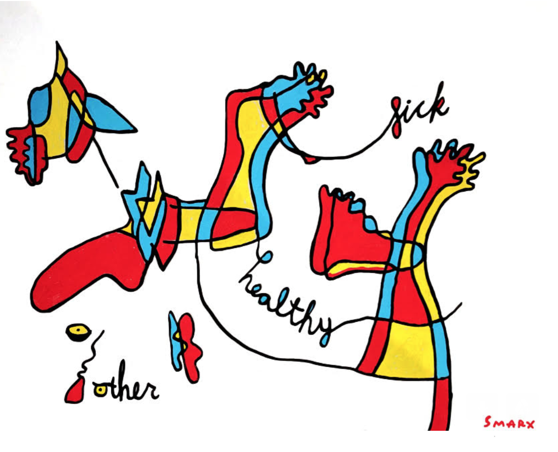 red blue and yellow blobs saying sick healthy other, drawn by axial spondyloarthritis community advocate Sal Marx