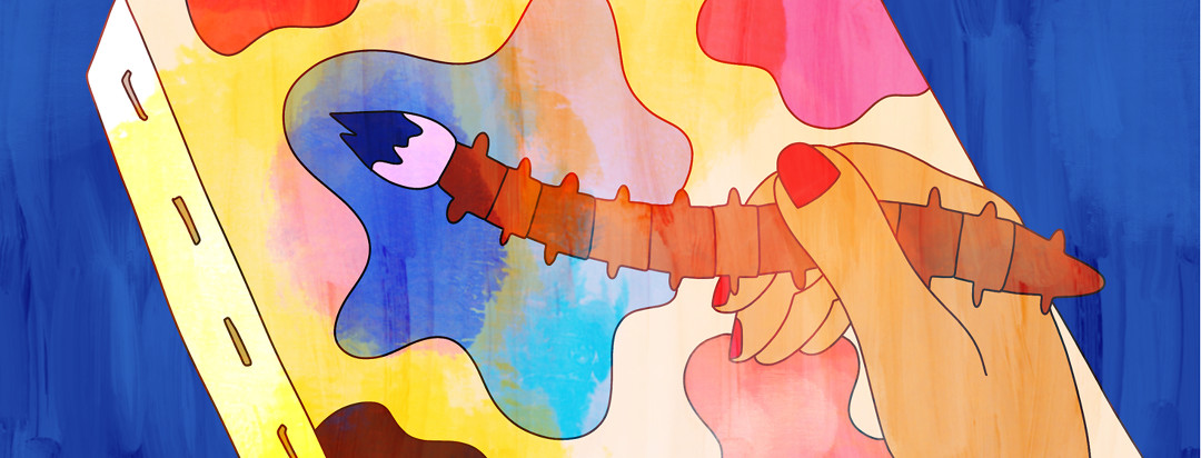 A hand holding a paintbrush shaped like a spine to a colorful canvas illustrating their axial spondyloarthritis