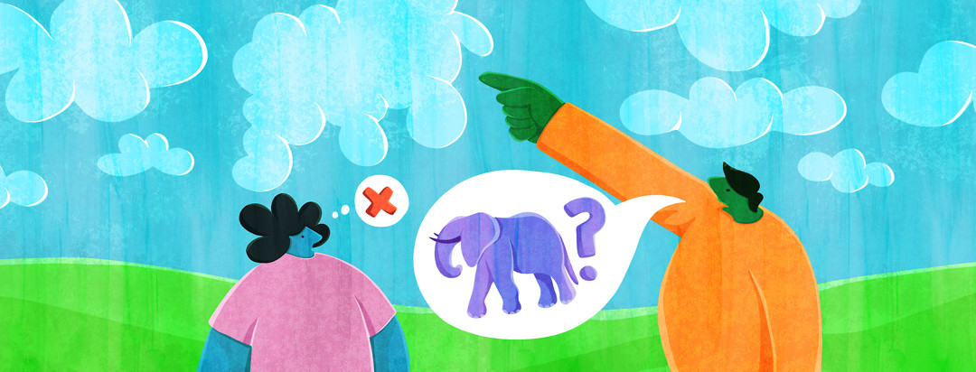A man points at a cloud in the sky, and a speech bubble with an elephant and a question mark comes from his mouth. A woman with axial spondyloarthritis looks blankly at him and has a thought bubble showing a red x.