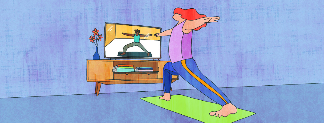 A woman practices yoga for axial spondyloarthritis in her living room in front of a guided video on her television.