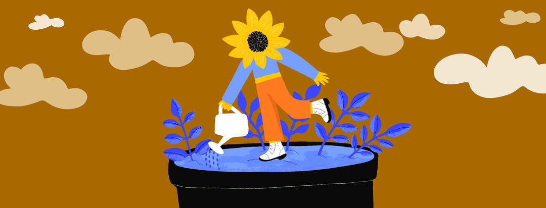 A person with a sunflower head stands in a pot and waters the soil that it's standing on from a watering can.