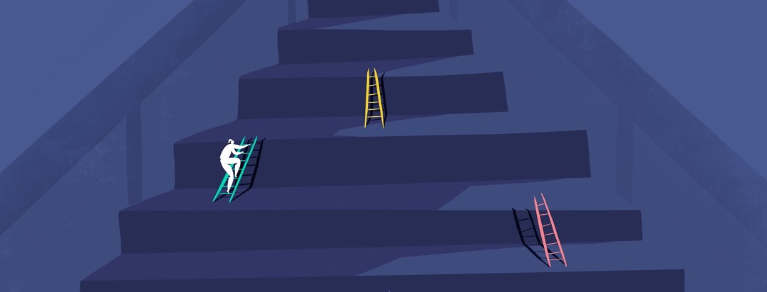 A woman is climbing an enlarged staircase with ladders set up between each step to emphasize scale