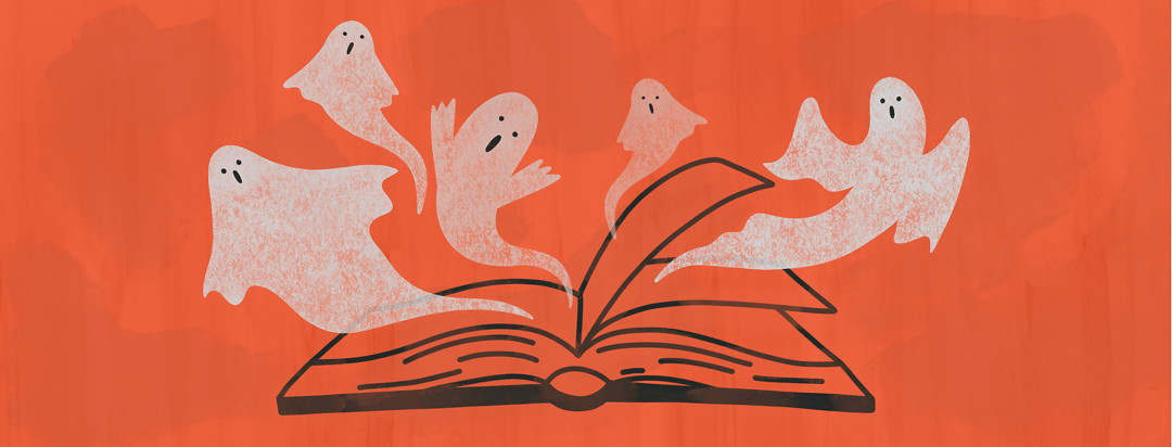 Ghosts are emerging from the pages of an open book.