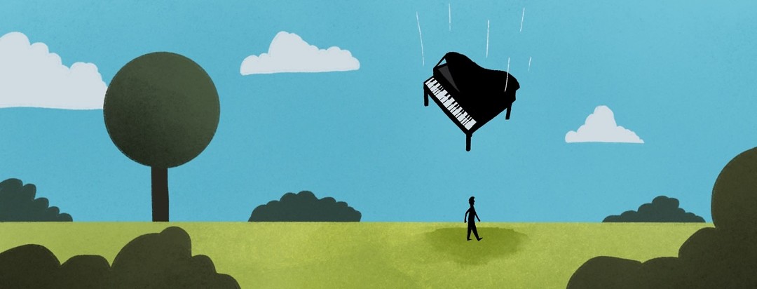 piano falling towards an unsuspecting person