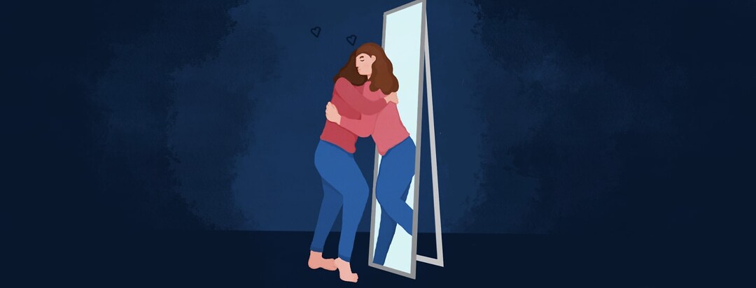 a woman hugging hear own reflection