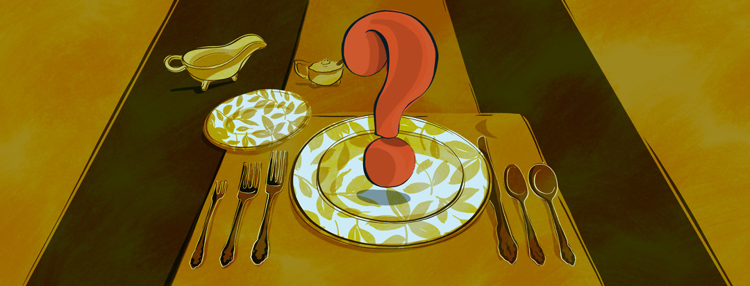 A fancy table setting with a large question mark hovering over the dinner plate.