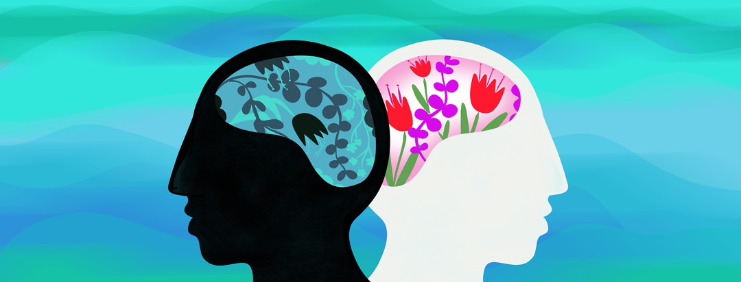 Two heads are shown overlapping - one has a brain filled with blue and wilted flowers, the other has a brain filled with vibrant and beautiful flowers.