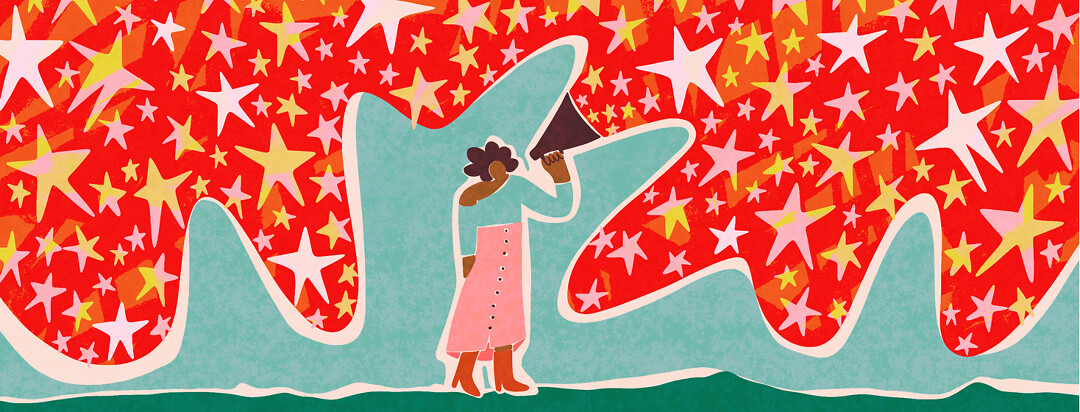 A black woman holding up a megaphone with a flurry of shining stars coming out of it.