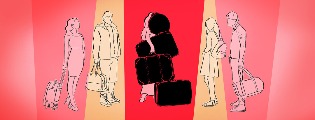People with minimal baggage gather around a woman carrying multiple suitcases and struggling.
