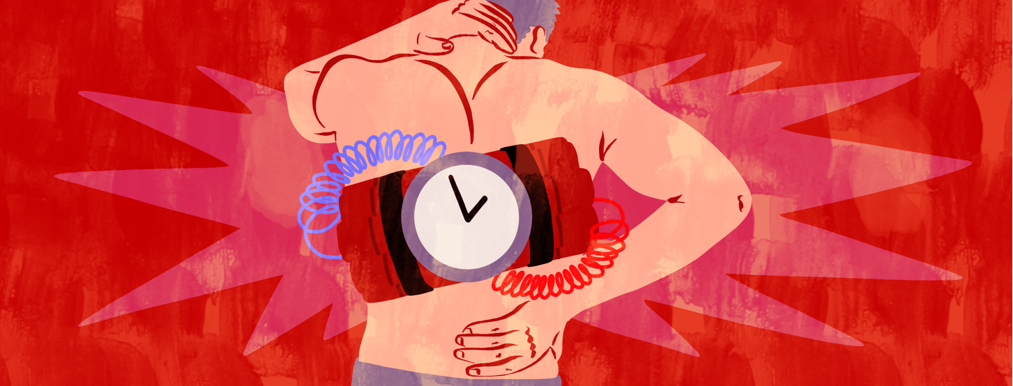 A man clutches at his back that shows a ticking time bomb located in the middle of it.