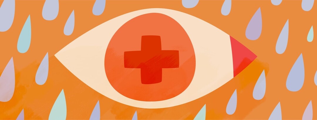 an irritated eye with a medical icon as the pupil