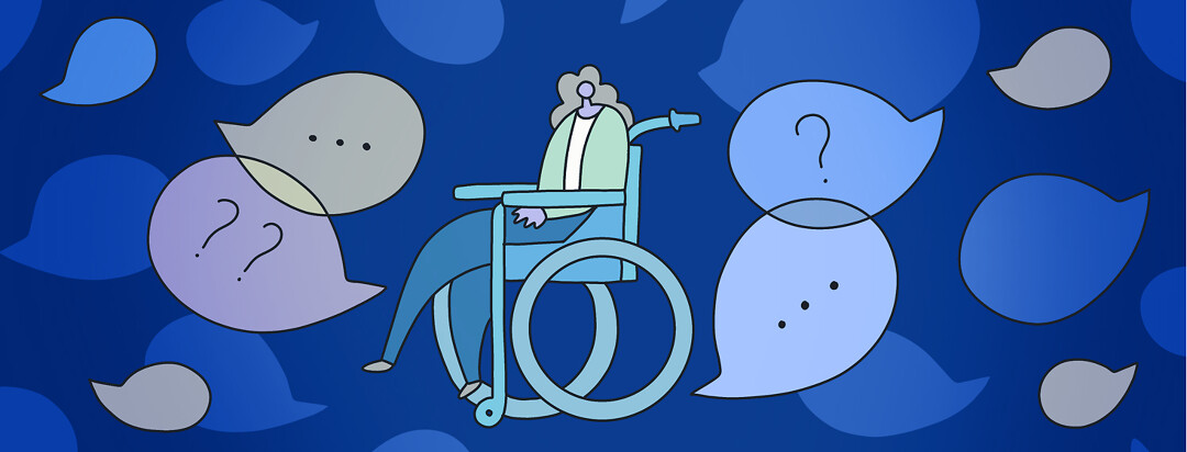 A woman sits in a wheelchair with floating dialogue bubbles surrounding her containing question marks.