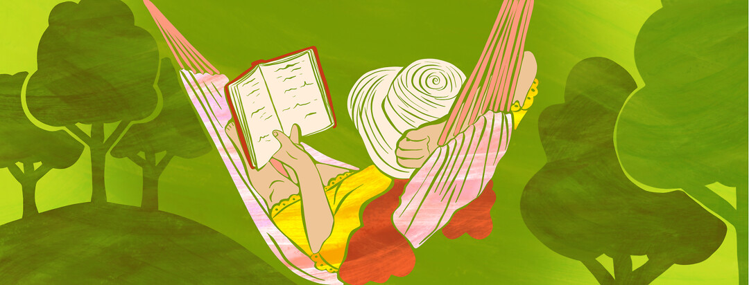 A woman peacefully lies in a hammock in a serene nature setting while reading a book.