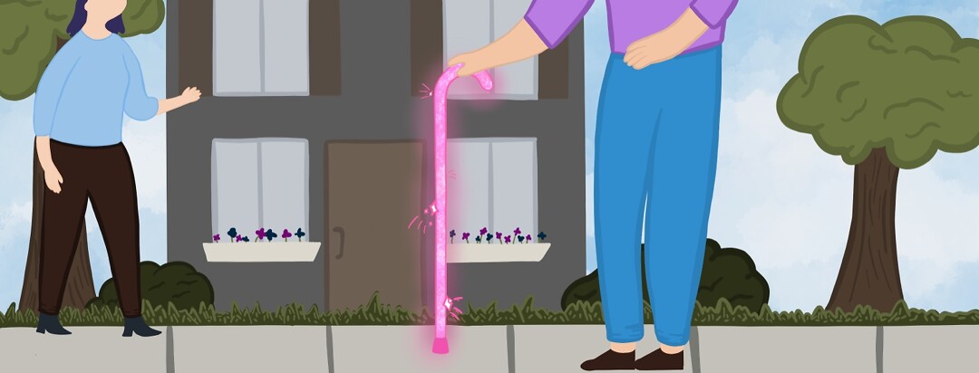 Adult walking down sidewalk in public with pink sparkly cane.