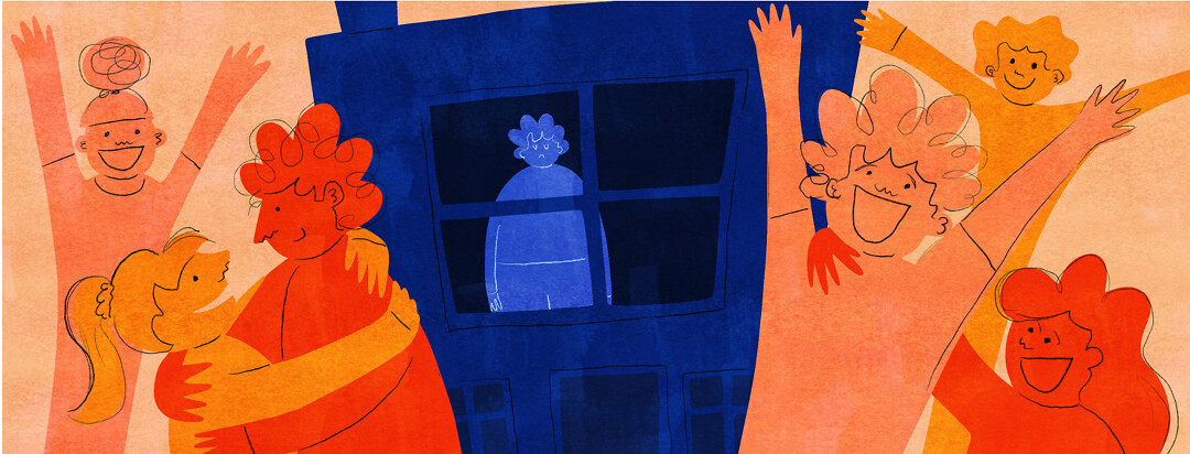 A sad figure is shown behind a window in a dark house while others have fun outside.