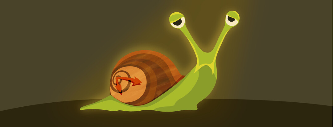 A tired looking snail with a clock on its back.