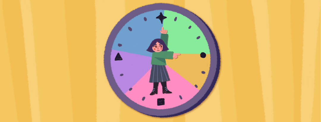 Adult female stands in the middle of an analog clock. She is pointing to specific times representing time management and scheduling.