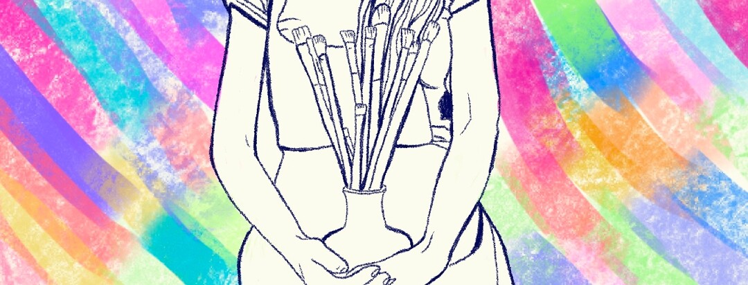 A woman sits with a vase of paintbrushes in her lap