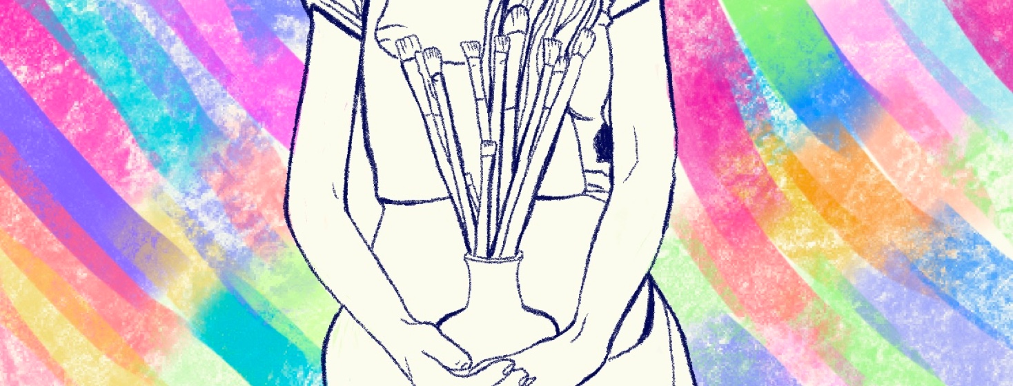 A woman sits with a vase of paintbrushes in her lap