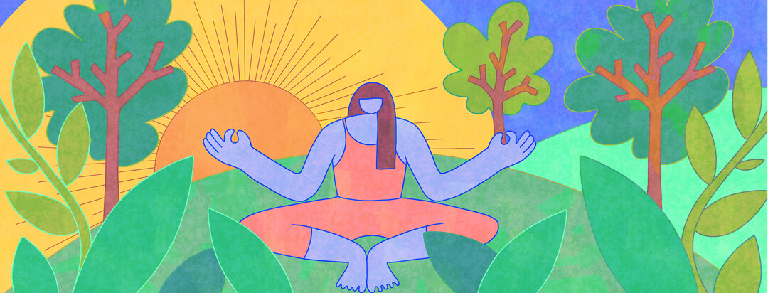 A woman meditating outside with a rising sun and lush trees and greenery around.