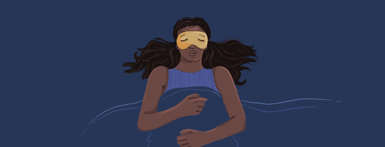 A woman sleeps peacefully and soundly with a sleep mask on. fatigue, sleep