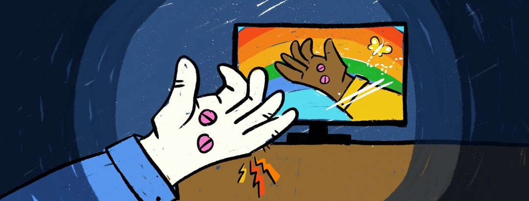 Person holding out hand with 2 pills in it with a TV in the background