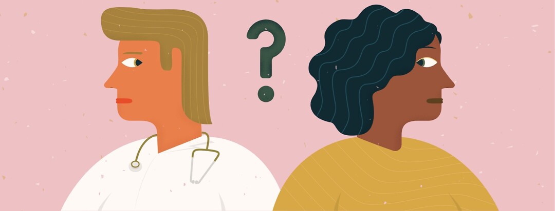 a woman and her doctor look at each other with skepticism