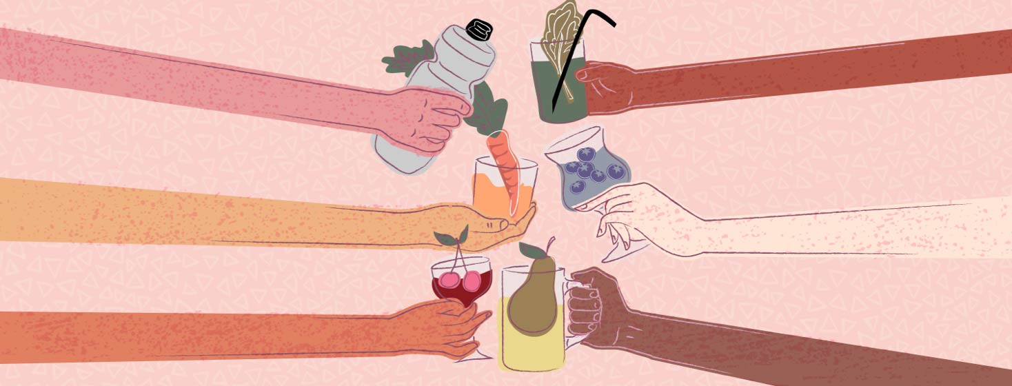 Arms of all different skin tones clink, toast, glasses of fruit juice and water.