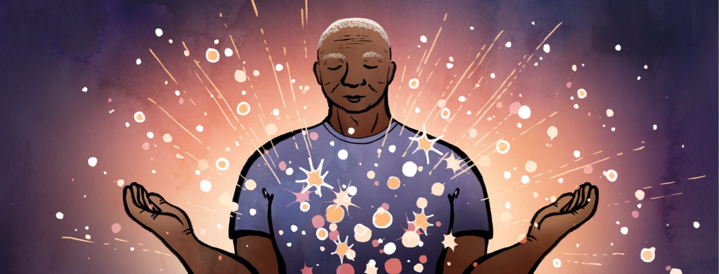 As a man meditates, bright stars emerge from his body in an outpouring of relaxation