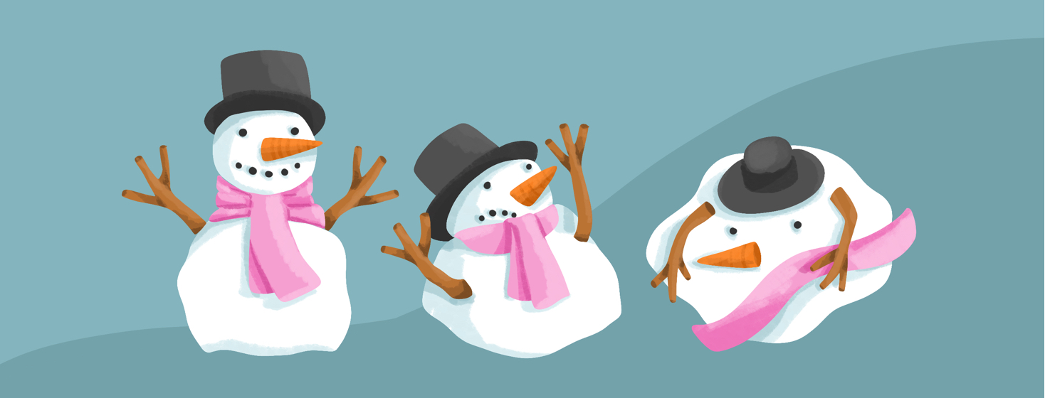 A snowman shown in three different phases of melting.