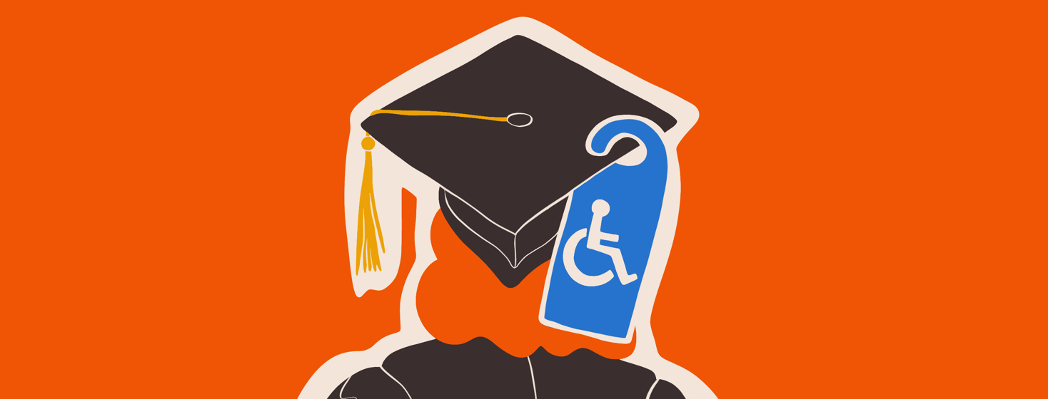 A student wearing a cap and gown is shown from behind with a handicap tag hanging from their cap.