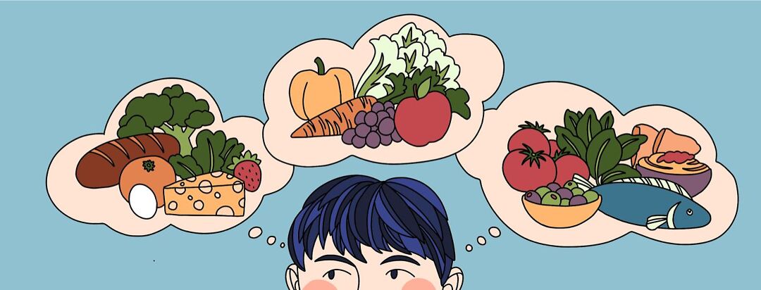 A man looks up at thought bubbles above his head showing different foods, considering a diet change for ankylosing spondylitis.
