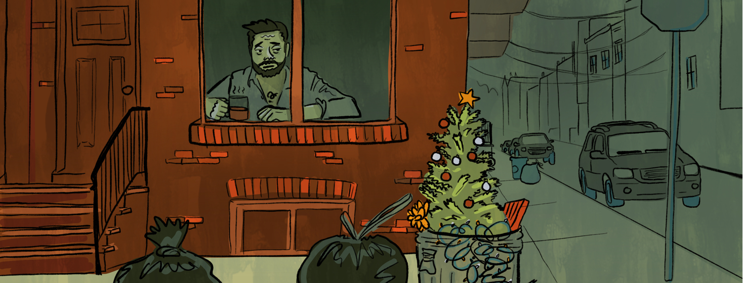 An exhausted man gazes out the window of his house at his trashcan sitting out on the sidewalk holding an old christmas tree.