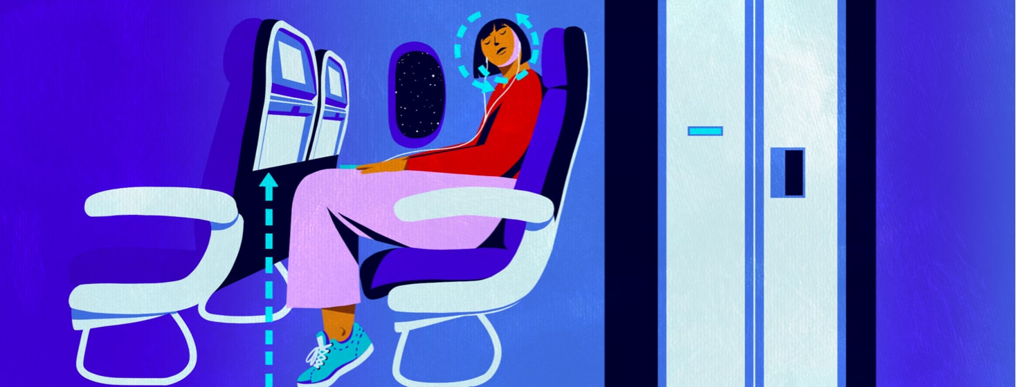 alt=a woman sits in an aisle seat on a flight doing neck stretches and listening to music.
