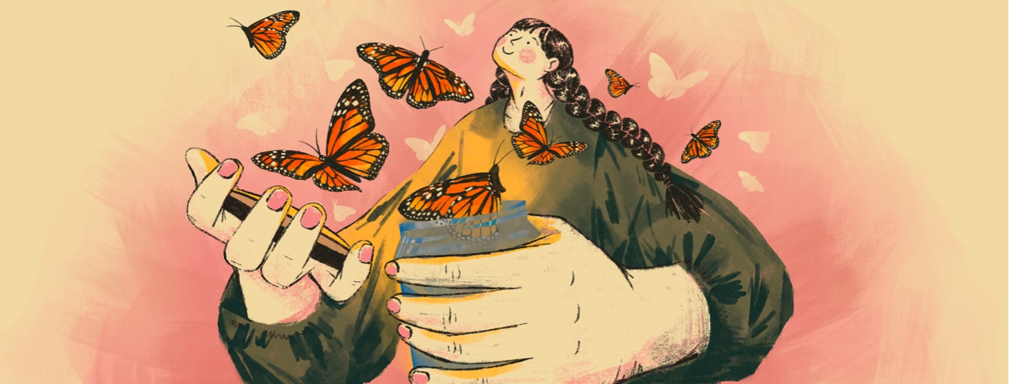 alt=a woman peacefully watches monarch butterflies fly from an open jar.