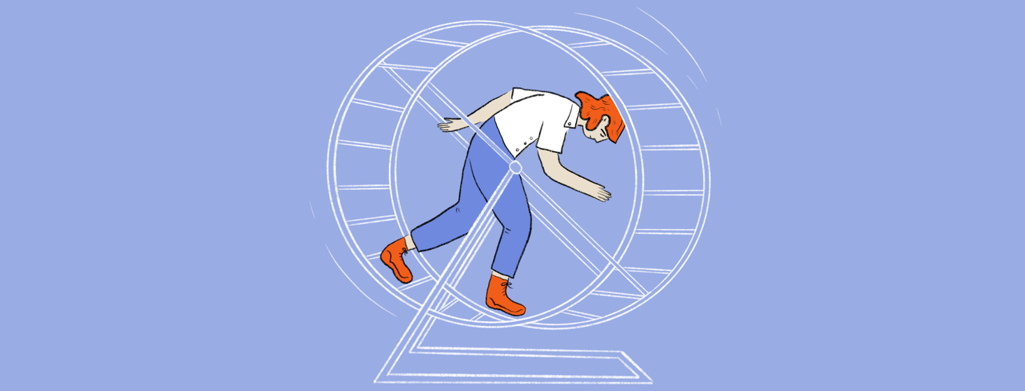 A person slowly running on a hamster wheel, showing fatigue from the monotony.