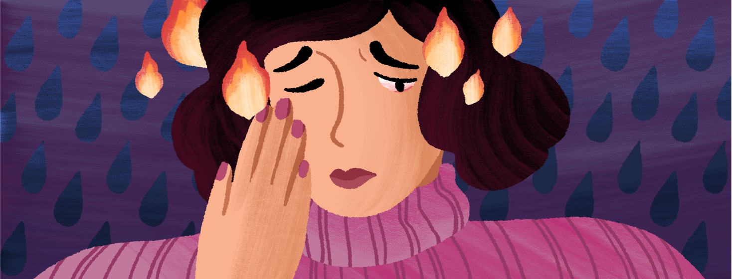 alt=a woman looks upset, suffering from dry eyes as indicated by flames around her face.