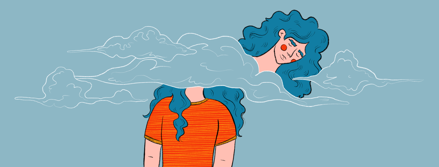 A woman's head floats away amongst clouds of brain fog.