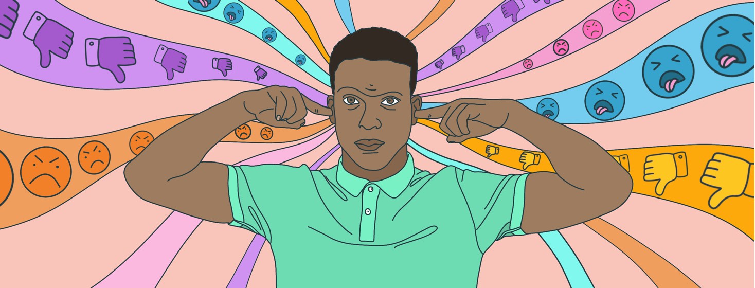 A man plugging his ears with his fingers, surrounded by swirling symbols of negativity and judgment.