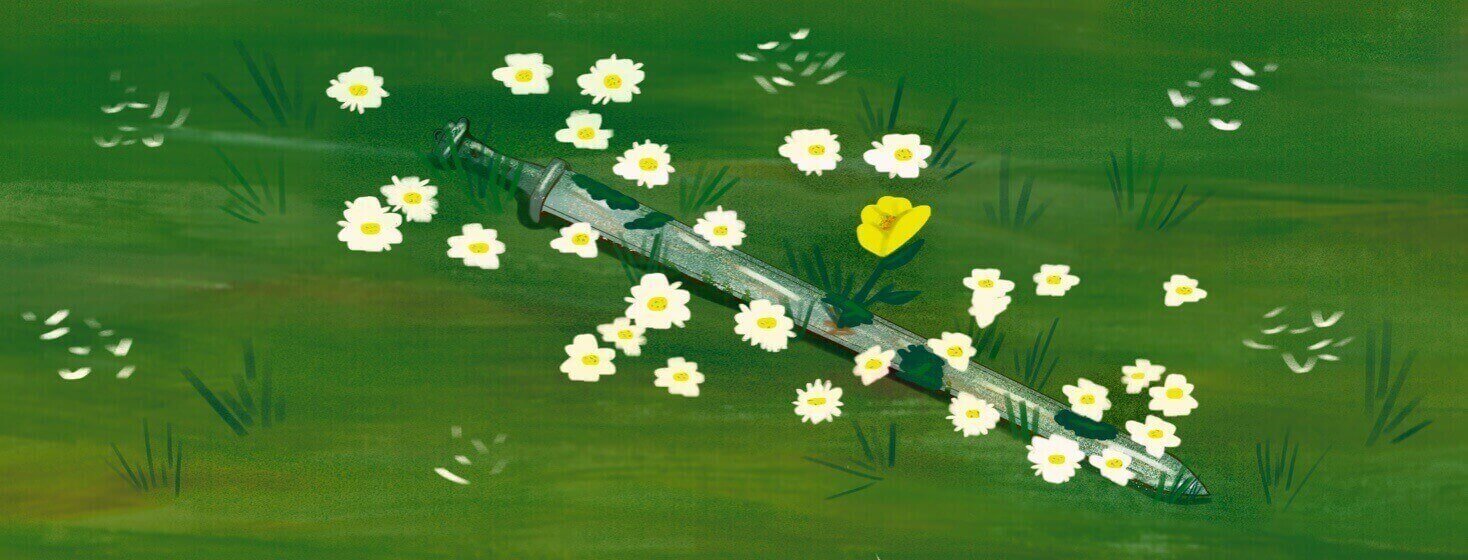 A sword lies in a field surrounded by flowers