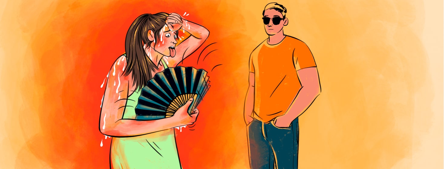 alt=a woman being severely affected by a heatwave, sweating and fanning herself.
