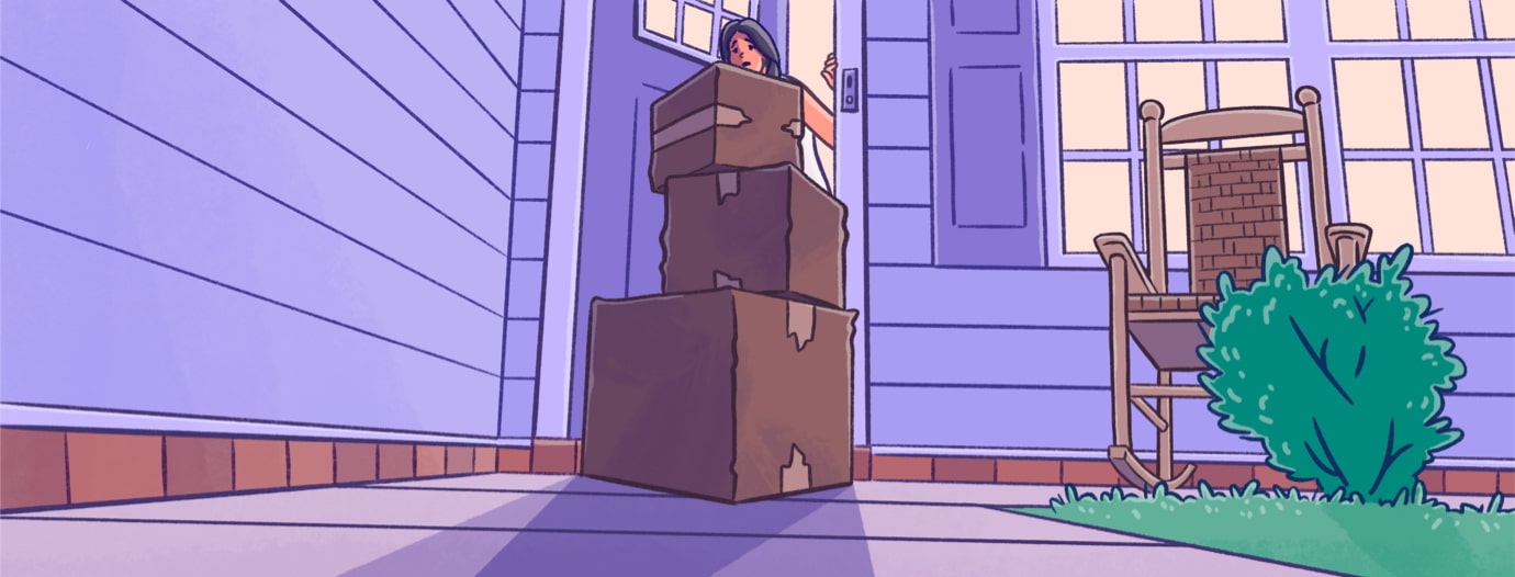 An adult woman peering out the front door at a disheveled stack of boxes on her porch