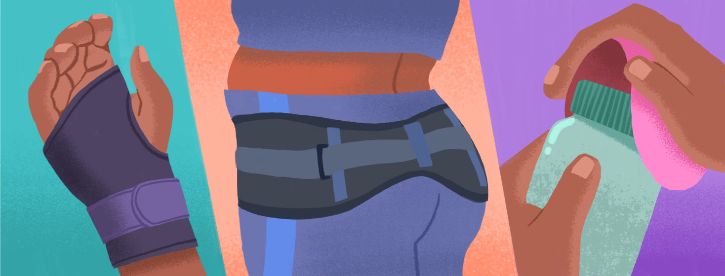 3 panels that contain different items. First is a hand wearing a wrist compression wrap or sleeve, second is a hip wearing a SI belt, and third is a pair of hands using a jar opener.