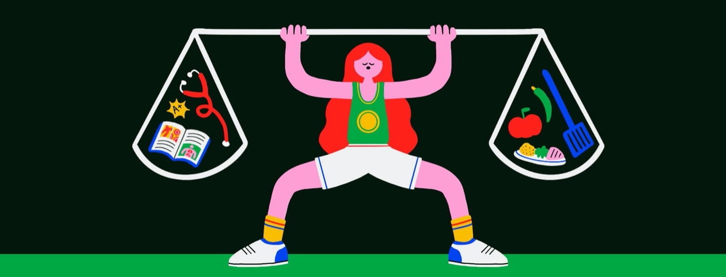 A woman is lifting a bar with medical stuff on the left and healthy food stuff on the right