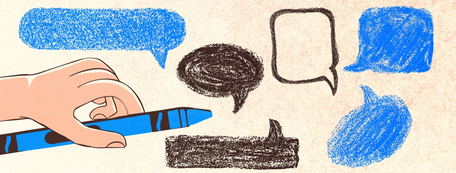 A hand drawing speech bubbles in crayon