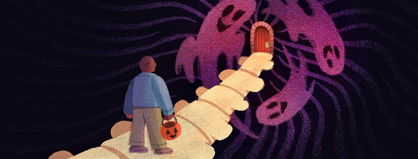 Adult male holding a Halloween candy bucket walks on a path that resembles a spine that leads to an ominous door. Around the door are ghosts flying around. Trick or treat. Symptom flares, BIPOC